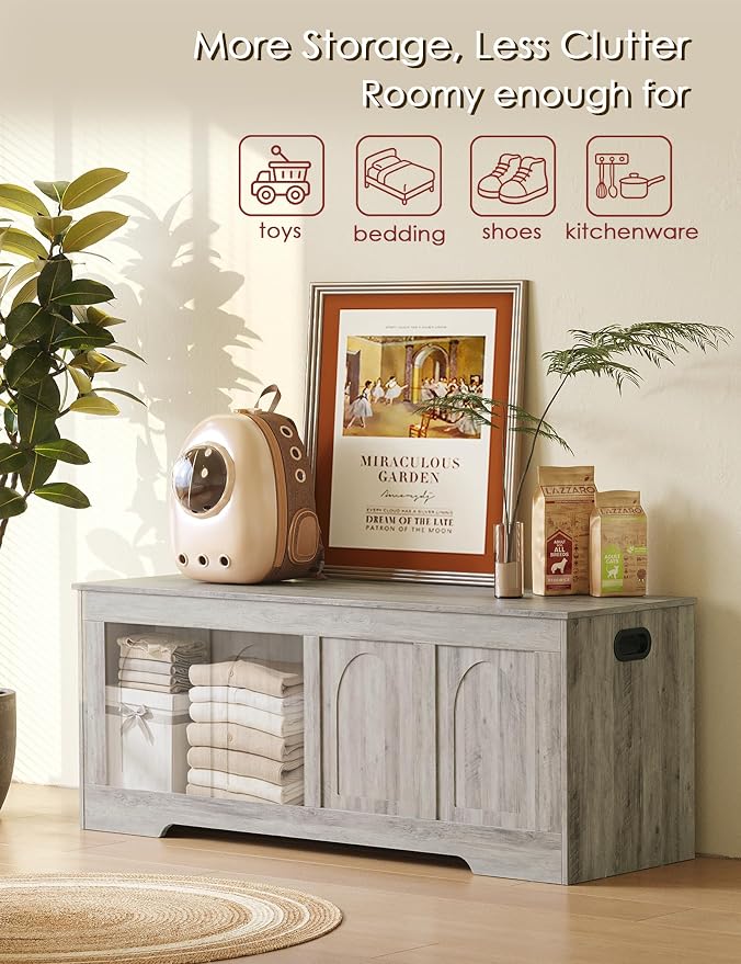 Storage Chest, Wooden Toy Box, Gray Wash 47.2" L | Entryway Shoe Bench, 2 Soft-close Hinges, Finger-safe Flip-Top Lid, Easy Assembly, Farmhouse Large Trunk, Living Room/Bedroom