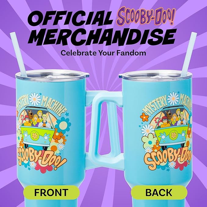 Silver Buffalo Scooby Doo Mystery Machine Featuring Shaggy, Velma, Fred and Daphne Double Walled Stainless Steel Tumbler with Handle and Straw, Fits in Standard Cup Holder, 40 Ounces