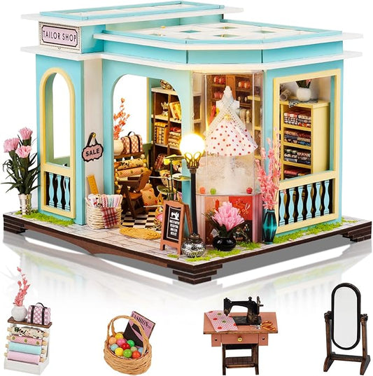 Foyucool DIY Miniature House Kit, Dollhouse Kit with LED Light, Mini House Building Kits for for Adult to Building, Christmas Home Decorations Gifts for Family and Friends, Tailor's Store