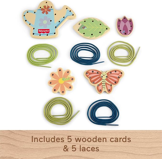 Fisher-Price Wood Preschool Toy Lacing Activity Cards, Tiny Garden 10-Piece Set for Fine Motor Skill Development Kids Ages 3+ Years