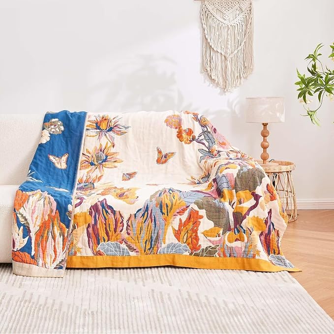 XIBLC Boho Throw Blanket, 100% Cotton Ultra Soft Luxury Throw Rustic Quilt, 80"x90" Floral Bird Butterfly Farmhouse Decor Bed Blankets, All Season Rustic Reversible Bohemian Throw for Bed - Yellow