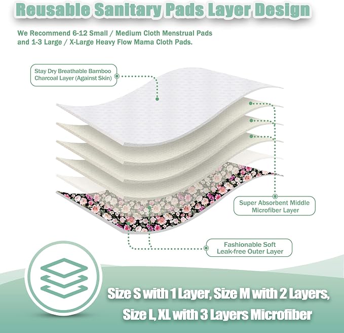 wegreeco Reusable Menstrual Pads - Reusable Sanitary Pads | Reusable Panty Liners | Soft Cloth Menstrual - 6 Pack with 1 Cloth Mini Wet Bag (X-Large, Flower 02)