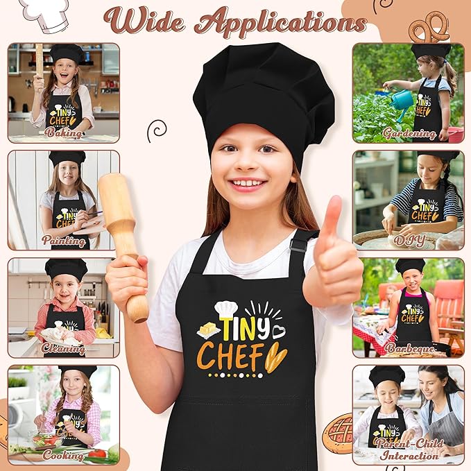 R HORSE Kid Apron and Chef Hat Set - 2Pcs Black Tiny Chef Adjustable Children Kitchen Toddler Apron with Pockets for Kids, Funny Dress up Pretend Play Toy Birthday Gift for Boy Cooking Baking Painting