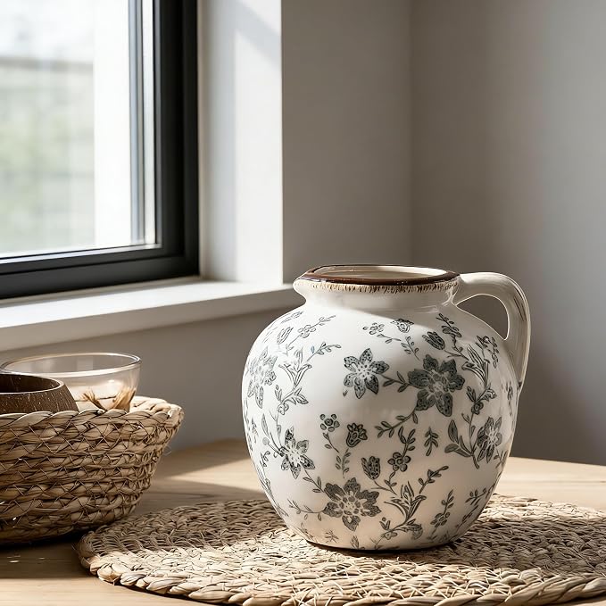 5.39 Inch Vintage Gray Chinoiserie Floral Vase, Antique Rustic Ceramic Vase for Home Decor, Living Room, Bookshelf, Office, Entryway, Garden, Chinoiserie Decor, Tuscan Decor