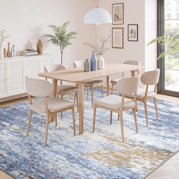 9x12 Area Rug for Living Room, Abstract Washable Large Rugs, Light Blue | Neutral Carpet for Bedroom, Dining Room, Home Office Nursery, Indoor, Stain Resistant, Low Pile, Non-Slip, Modern Rug