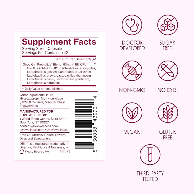 Love Wellness Good Girl Probiotics | Women’s Vaginal Health & pH Balance Supplement | 9-Strain Probiotic for Urinary Tract, Yeast, Odor, & Immune Support | Gluten-Free (42-Day Supply)