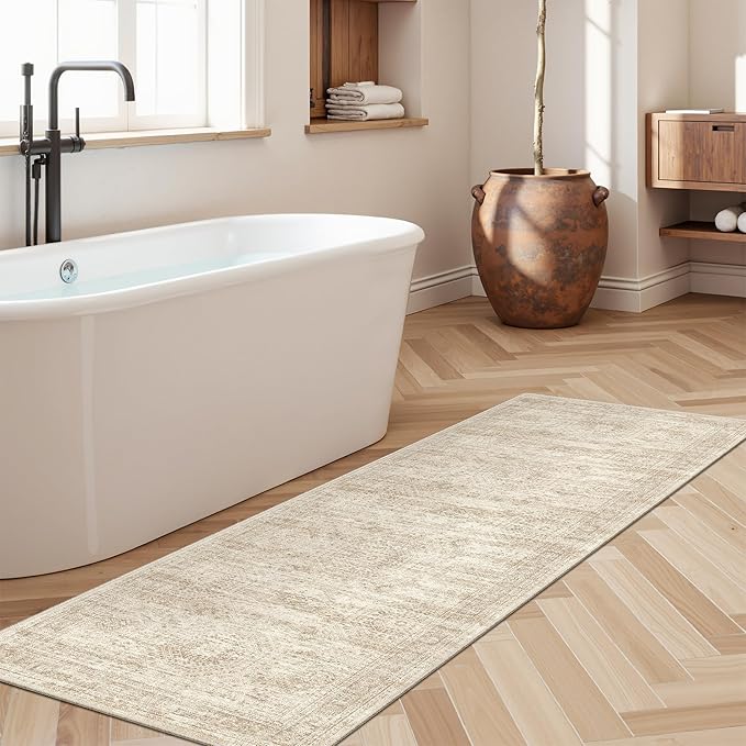 Soalmost Runner Rug 2x6 Washable Kitchen Hallway Runners Non-Slip Beige | Soft Low-Pile Rugs for Entry Bathroom Laundry Room, Vintage Foldable Floor Carpet Mat Entryway for Corridor Bedroom