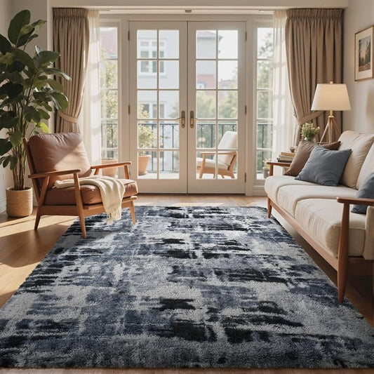 5x7 Ft Large Shag Rugs for Bedroom Living Room, Tie Dyed Ultra Soft Fluffy Furry Area Rug for Indoor Floor, Aesthetic Carpet for Home Decor (Blue)