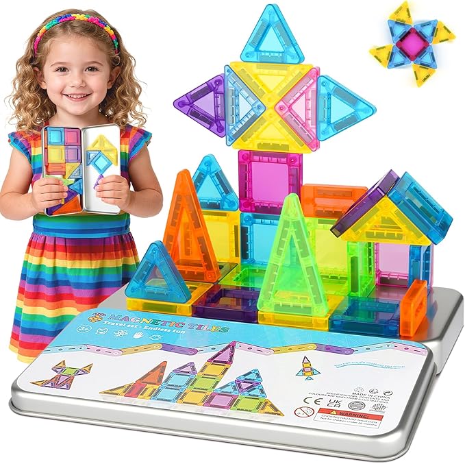 Magnetic Tiles Travel Toys for Kids Toddlers, MINI Magnetic Building Blocks Set with Iron Case, Portable Creativity Magnet Blocks & Game, Christmas Birthday Gifts for 3+ Years Girls Boys, 42PCS