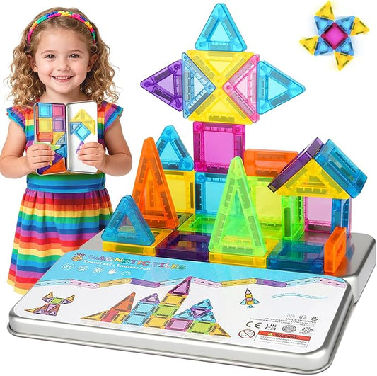 Magnetic Tiles Travel Toys for Kids Toddlers, MINI Magnetic Building Blocks Set with Iron Case, Portable Creativity Magnet Blocks & Game, Christmas Birthday Gifts for 3+ Years Girls Boys, 42PCS