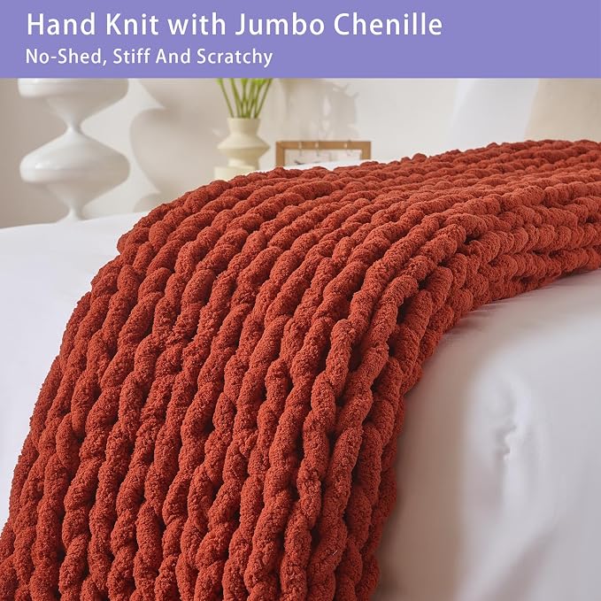Bigacogo Chunky Knit Throw Blanket for Couch, 40x60 inches, Rust Red | Hand Knit with Jumbo Chenille, Soft Breathable Cable Knit for Sofa Bed Living Room, Machine Washable, Gift for Mom Friend