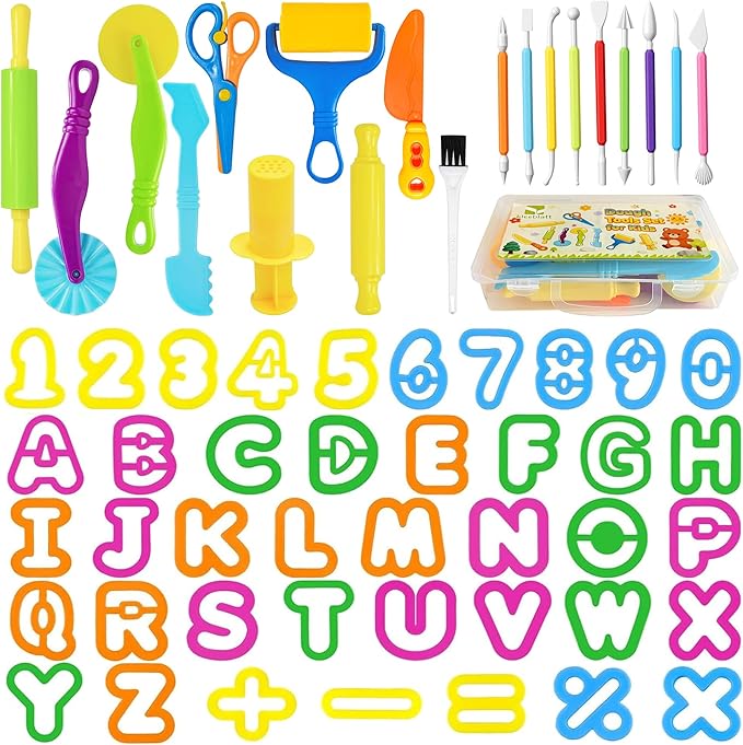 Kleeblatt Dough Tools Set for Kids - 50 Pcs Playdough Kit with 9 Basic Dough Tools,9 Double-Headed Clay Carving Tools,31 Numbers and Letters molds & Cleaning Brush, Safe for Toddlers Ages 2-8