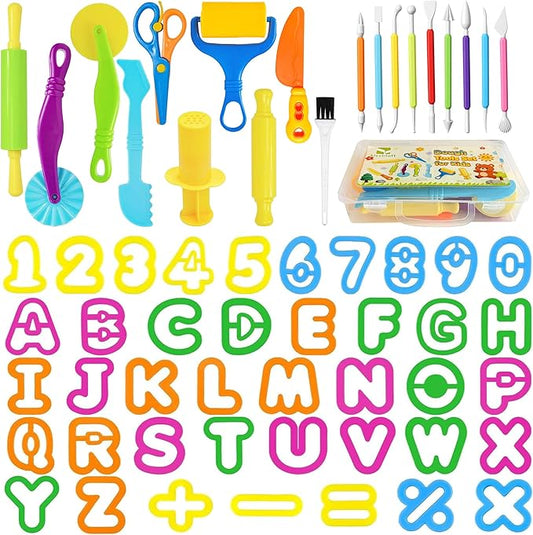 Kleeblatt Dough Tools Set for Kids - 50 Pcs Playdough Kit with 9 Basic Dough Tools,9 Double-Headed Clay Carving Tools,31 Numbers and Letters molds & Cleaning Brush, Safe for Toddlers Ages 2-8