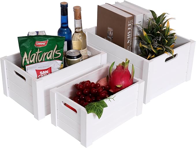 Farmhouse Modern White Wooden Crates For Storage | Rustic Decorative Boxes,Set Of 3 Large Nesting Wooden Storage Crates For Home Decor,Handmade Natural Solid Wood Box