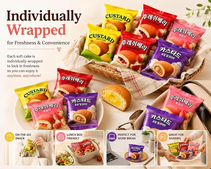 Orion Korean Sweet Dessert Variety Pack, Custard Soft Cake Assortment, Individually Wrapped Korean Snacks, Custard, Strawberry, Peach & Royal Milk Tea Flavors, 12 Packs Total, 0.88 oz Each