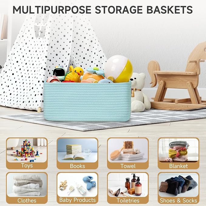 3 Pack Small Storage Baskets for Organizing, 11.8×7.8×5.1", Light Blue | Woven Baskets for shelves, Cotton Rope Basket for Gifts Empty, Closet Organizer Bins with Handles, Cube Decorative Box