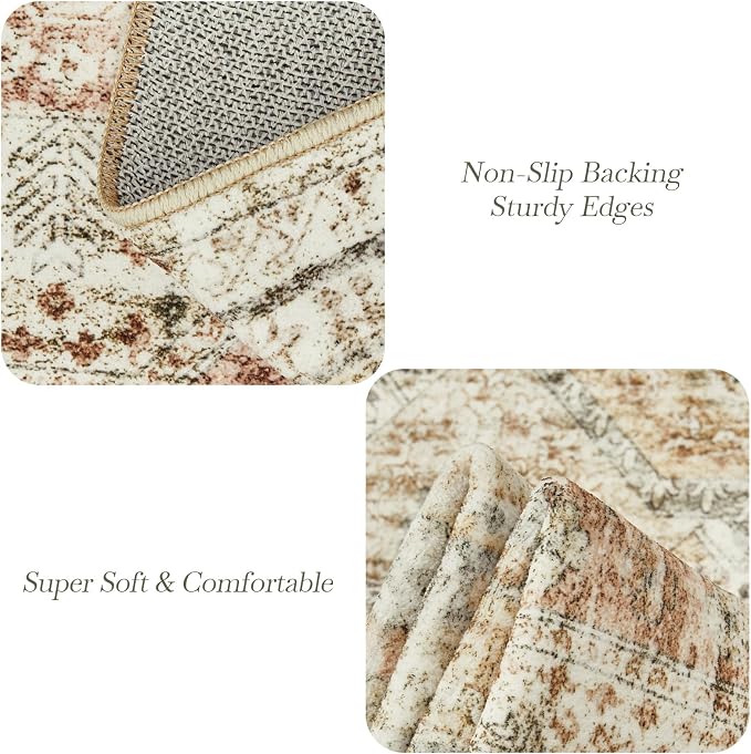 Soalmost Washable Area Rug 8x10 Large Soft Living Room Rugs Brown/Pink | Vintage Non-Slip Carpet for Dining Bedroom, Stain Resistant Low Pile Foldable Lightweight Floor Mat Under Table Home Decor