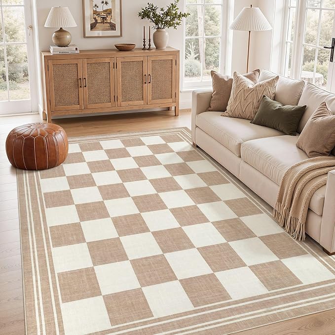 cotiled Washable Area Rugs 6x9 Living Room | Non Slip Backing, Stain Resistant, Pet Friendly, Large Neutral Soft Indoor Carpet For Bedroom, Nursery, Office, Khaki/Brown