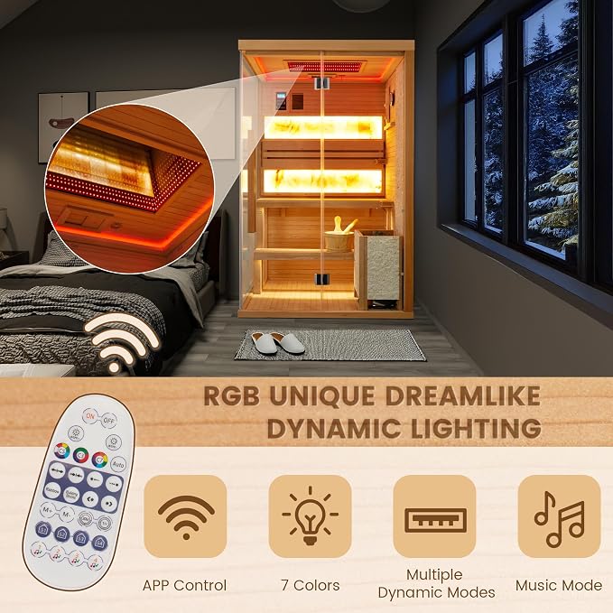 Traditional Steam Sauna,2-4 Person Luxurious Indoor Sauna with 2300W Stove Heater,Wood Sauna Room with 2 Himalayan Salt Bricks,7-Color Dynamic Abysm Sky Lights,220V,Bluetooth Speaker