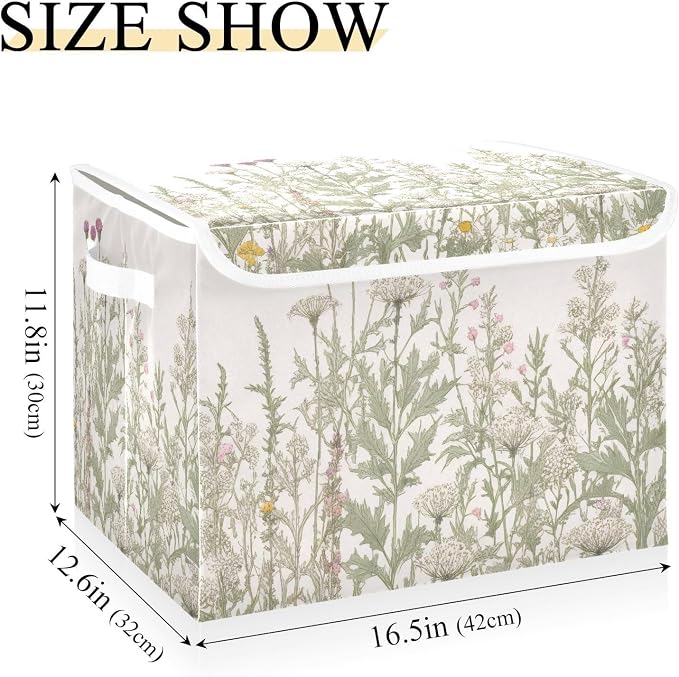 Kigai Collapsible Herbal Wildflowers Storage Basket with Lids and Handles,Storage Bins for Shelves Closet Bedroom,Office Storage