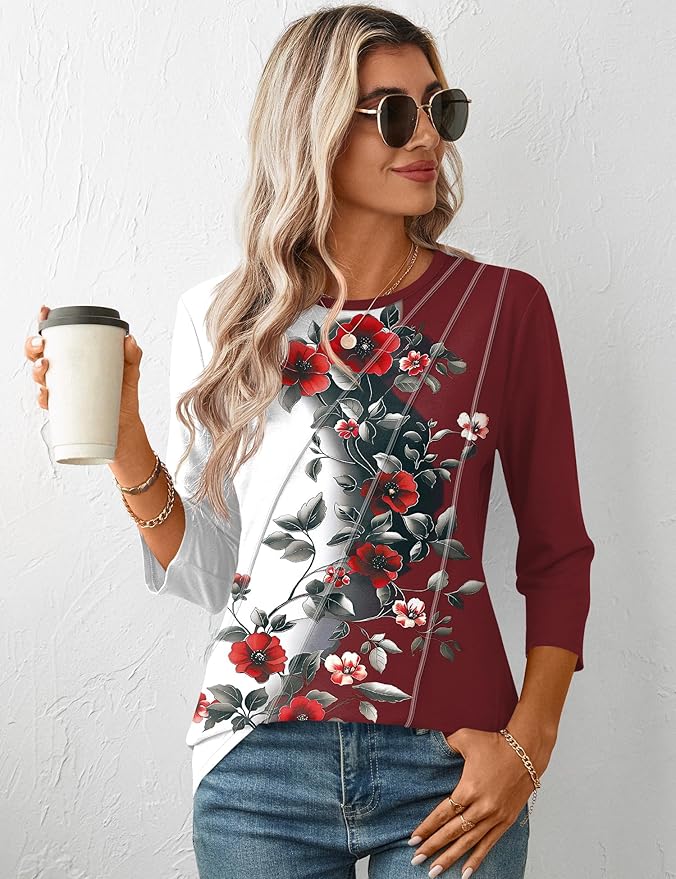 LOMON 3/4 Length Sleeve Womens Tops Spring Summer Fashion 2026 Tops Crew Neck Pleated Shirts Tunic Top Loose Fit