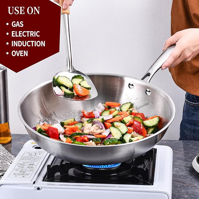 LOLYKITCH 10-Inch Stainless Steel Wok with Glass Lid | Riveted Handle | Small | Uncoated Tri-Ply Stir Fry Pan | Everyday Cooking Wok for Induction | Flat Bottom | SGS Certified Cookware | PFOA-FREE