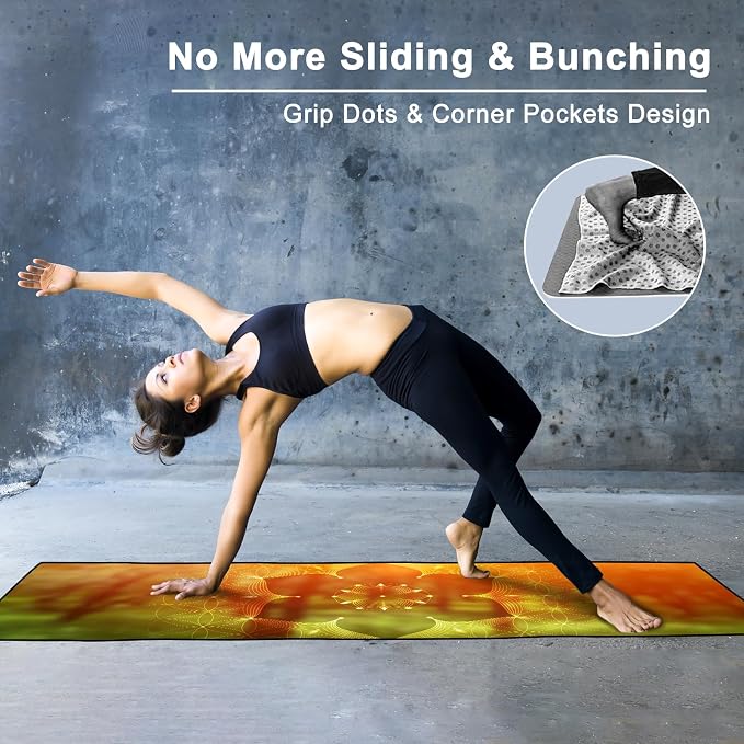 Colorful Star Large Yoga Towel with Corner Pockets, Non Slip Grip Dots Absorbent Hot Yoga Mat Towels, Yoga Blankets with Travel Bag, Mat Cover for Workout, Gym, Fitness - 74"x26", Geometric Flower