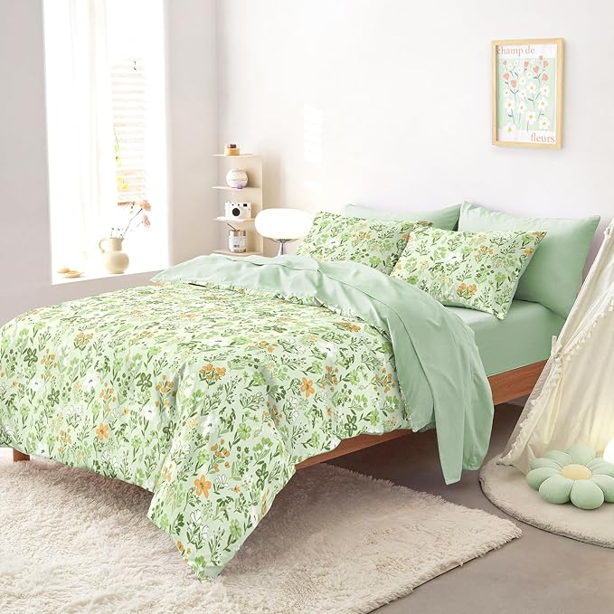 Wake In Cloud - Floral Bedding Set for Girls, Cute Colorful Botanical Flowers Patterned Soft Lightweight Comforter Set with Sheets, 7 Pieces Kids Bed in a Bag, Green, Full Size