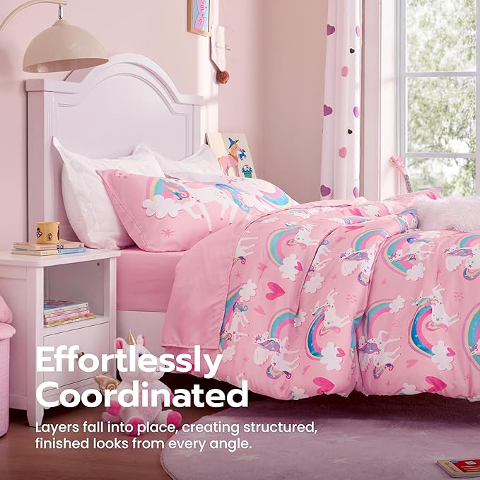 Joiedomi Kid Twin Comforter Set 5 Piece Unicorn Rainbow Bedding Set for Boys/Girls Super Soft Microfiber Bed in a Bag with Comforter Sheets Pillowcase & Sham