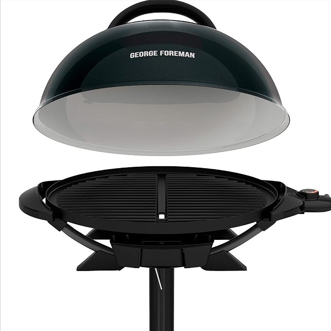 George Foreman Indoor/Outdoor Electric Grill with Stand, 15-Serving | 15-serving electric grill with removable stand, 5 heat settings and fat-removing slope for healthier grilling.