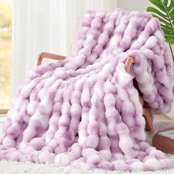 Luxury 1000GSM Faux Rabbit Fur Throw Blanket for Women, Super Heavy Warm Cozy Blankets for Couch Bed Sofa, Bubble Plush Fuzzy Soft Mink Blanket for Living Room Bedroom, Purple