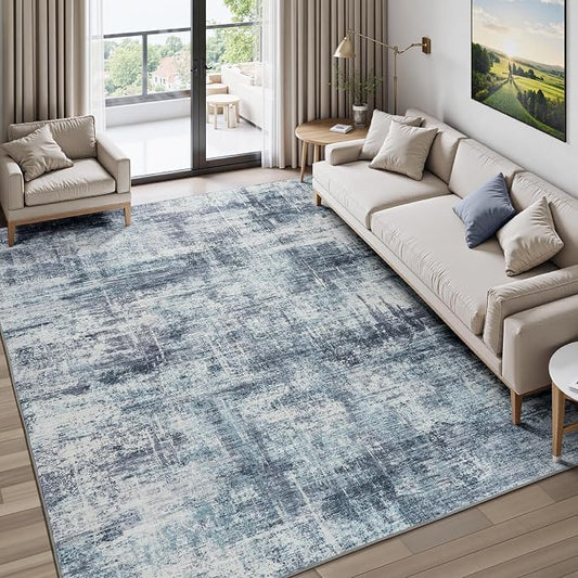 6x9 Area Rug for Living Room, Abstract Washable Non-Slip Carpet, Blue | Soft Neutral Rugs for Bedroom, Dining Room, Home Office Nursery Indoor, Stain Resistant, Non-Slip, Low Pile Modern Rug