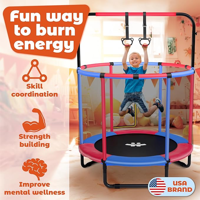 Happin® 55â€ Toddler Trampoline Indoor & Outdoor Playset, 5FT Kids Trampoline, Ultra Safe Mini Trampoline for Kids with Safety Enclosure Net, Gifts for Birthday with Basketball Hoop