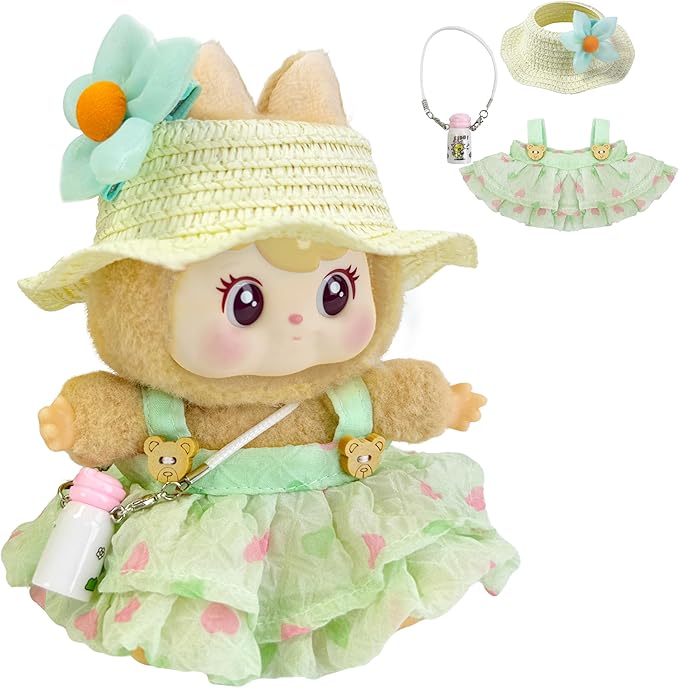 17cm Doll Clothes 4 PCs Accessories Outfits Green Dress Straw Hat Flower Clip Bottle Clothing Set for Keychain,No Doll(Green)