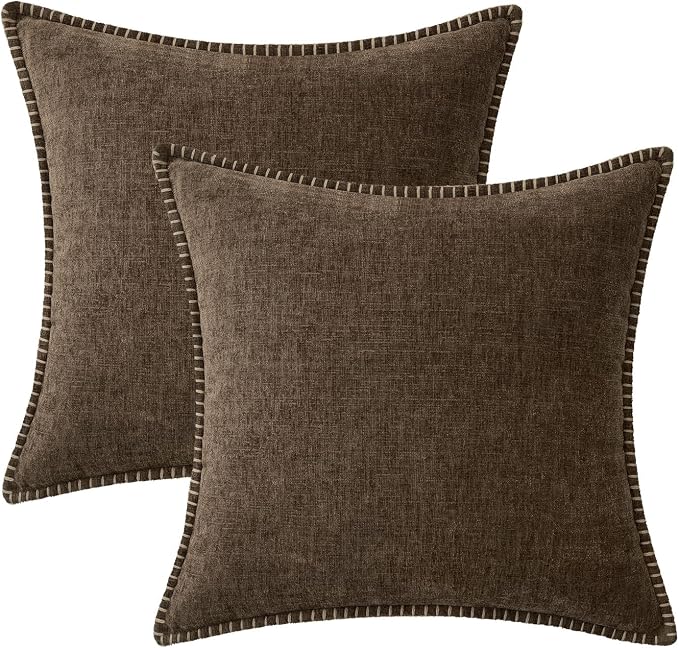 MIULEE Decorative Couch Throw Pillow Covers 18x18 Inch Brown 2 Pack | Farmhouse Pillow Covers with Stitched Edge, Soft Chenille Cushion Cases, for Sofa Bed Living Room Home Decor