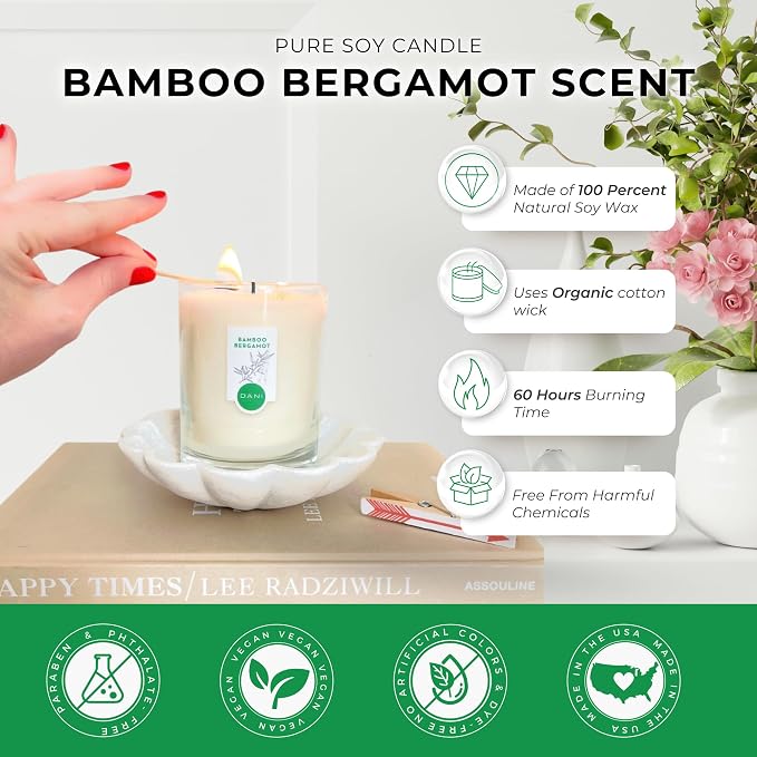 DANI Naturals Bamboo Bergamot 100% Soy Wax Candle, Non-Toxic, 7.5oz | Vegan,soy wax candle,Clean-burning with organic cotton wick,Fresh bamboo bergamot scent,Made in USA