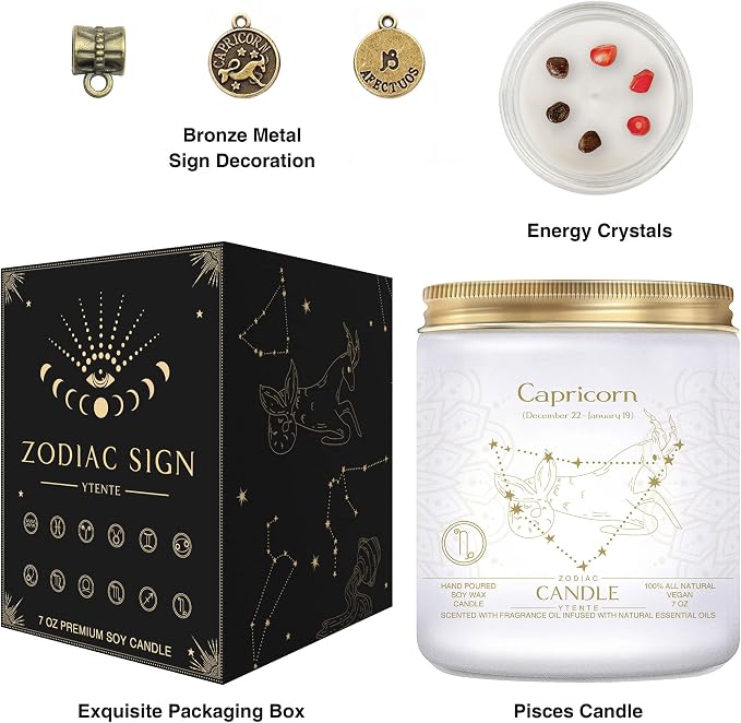 Zodiac Sign Candles, Zodiac Crystal Sign Candles,Astrology Scented Candles Best Friends Gifts for Women, Men Sister Brother Zodiac Funny Birthday Gift Candle Jar (Capricorn)
