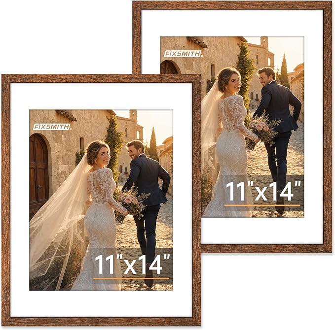 FIXSMITH 11x14 Picture Frame 2 Pack, Rustic Brown Photo Frame with HD Plexiglass, Display Pictures 8x10 with Mat or 11x14 Without Mat, Rustic Brown Picture Frames Collage Wall Decor, Gallary Wall Frame