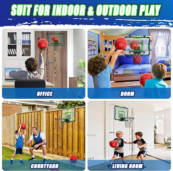 Indoor Basketball Hoop for Kids, Over The Door Mini Basketball Hoop with Scoring & Countdown, Remote Control, 3 Balls & Sound Effects, Birthday & Christmasl Toys Gifts for 4-12 Year Old Girls Boys