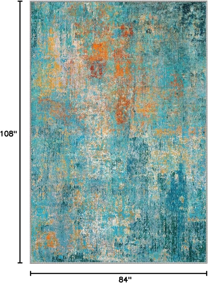 RELEANY Washable 7'x9' Abstract Area Rug for Living Room Teal Multi | carpet for bedroom, kitchen, office, hallway and entryway, printed pattern, non-slip, soft, stain-resistant, easy to clean