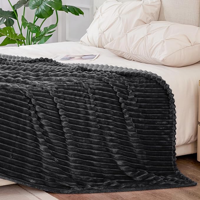 BEDELITE 3D Ribbed Jacquard Black Blankets Queen Size for Bed, 90x90 Inch | Soft Warm Decorative Fluffy Blanket, Cozy Fuzzy Lightweight Plush Fleece Throw Blankets for Bed, Room Decor, Gift for Women