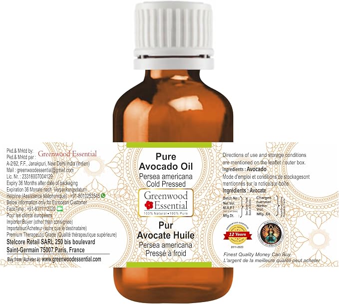 Greenwood Essential Pure Avocado Oil (Persea americana) Cold Pressed 10ml (0.33 oz)