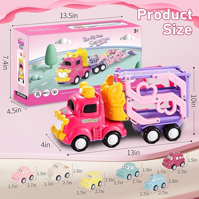 Toy Truck for 1, 2, 3, 4, 5, 6+ Year Old Girls, 7-in-1 Foldable Truck with Light & Music Educational Toy for Toddlers Great Gift for Girls