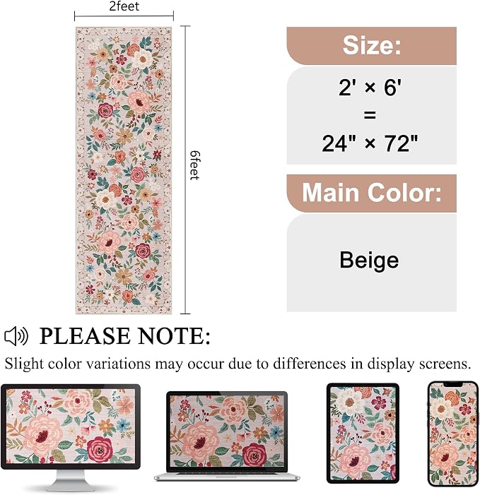 DUKINO 2x6 Runner Rug for Hallway, Washable Kitchen Rugs Non Slip, Beige | Low Pile, Soft, Floral Indoor Rug for Entryway, Bedroom, Laundry, Bathroom, Pet Friendly, Lightweight, Modern Home Decor