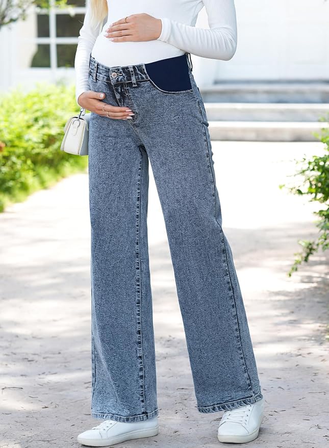BLENCOT Maternity Jeans for Women High Waist Straight Leg Pregnancy Denim Pants with Pockets