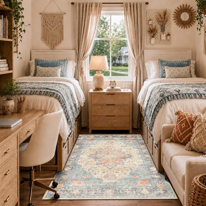 RELEANY Area Rugs 3'x5' Washable Non-Slip, Floral Vintage Distress Medallion Carpet for Living Room Bedroom Dining Room, Blue Orange Red