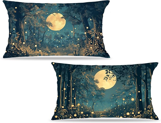 Rustic William Morris Style Night Moon Forest Decor Pillow Covers 20x12 Set of 2,Vintage Black and Gold Landscape Nature Botanical Decorative Throw Pillow Covers for Home Bedroom Living Room