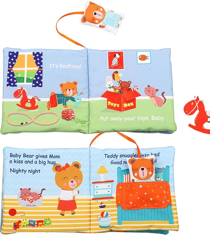 Bebe Mondo Teddy Bear Tummy Time Toy with Mirror, Soft Baby Book for 0-3-6-12 Months, Infant Sensory Developmental Toy, Shower Baby Gifts,Activity Quiet Cloth Book for Newborns,1-2 Year Old Book-Night