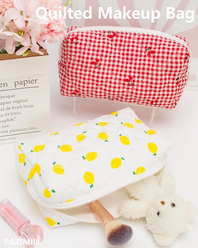 PAZIMIIK Small Quilted Makeup Bag,Zipper Cosmetic Pouch,Lemon White | Lightweight Cosmetic Bag Organizer for Women,Purse Storage Holds Makeup,Toiletries,Skincare,Beauty Essentials,Travel Items