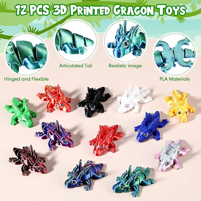 Honoson 12 Pcs 3D Printed Fidget Toy 3D Printed Dragon Small Animal Toy Flexible Cute Articulating Pet Stress Relief Fidget Toys for Play and Display(5cm)